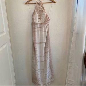 LANI Tan & White Lace Neckline Tie-Dye Maxi Dress